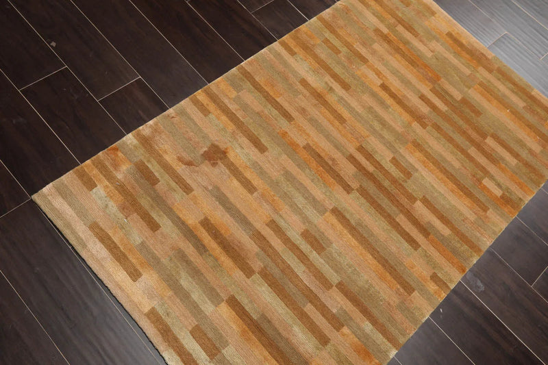 3x5 Gold Hand Knotted Tibetan Contemporary Striped Wool & Silk Oriental Area Rug