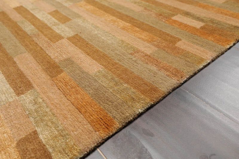 3x5 Gold Hand Knotted Tibetan Contemporary Striped Wool & Silk Oriental Area Rug