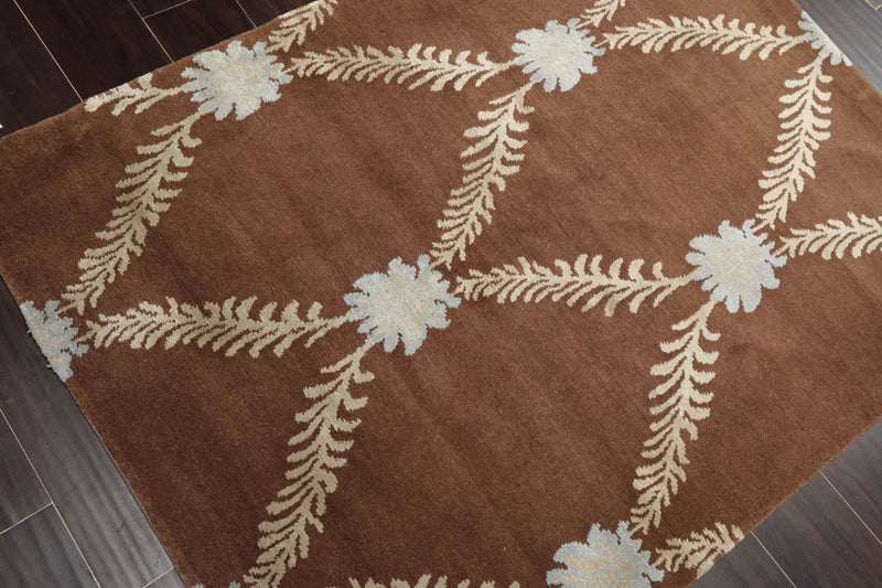 3x5 Brown Hand Knotted Tibetan Transitional Trellis Floral Wool & Silk Oriental Area Rug