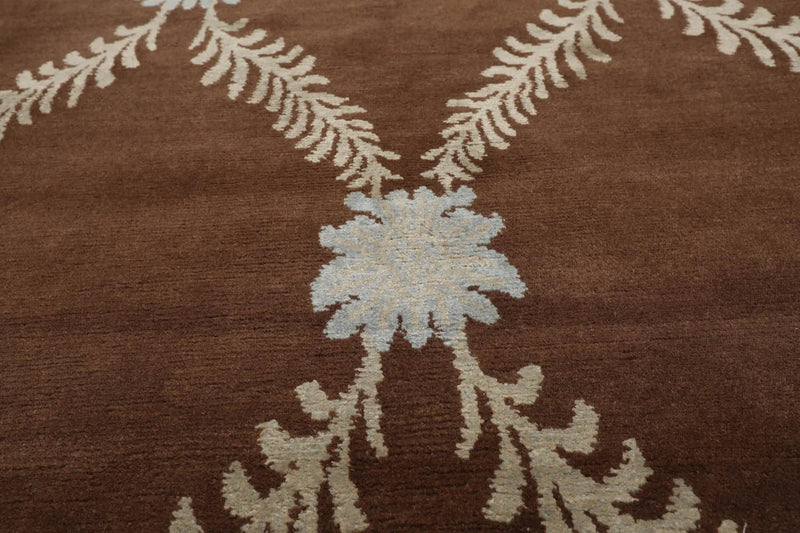 3x5 Brown Hand Knotted Tibetan Transitional Trellis Floral Wool & Silk Oriental Area Rug