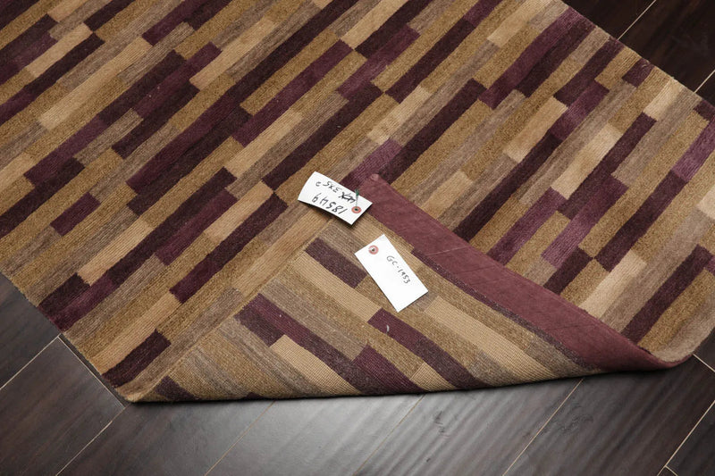3x5 Aubergine Hand Knotted Tibetan Contemporary  Striped Wool & Silk Oriental Area Rug