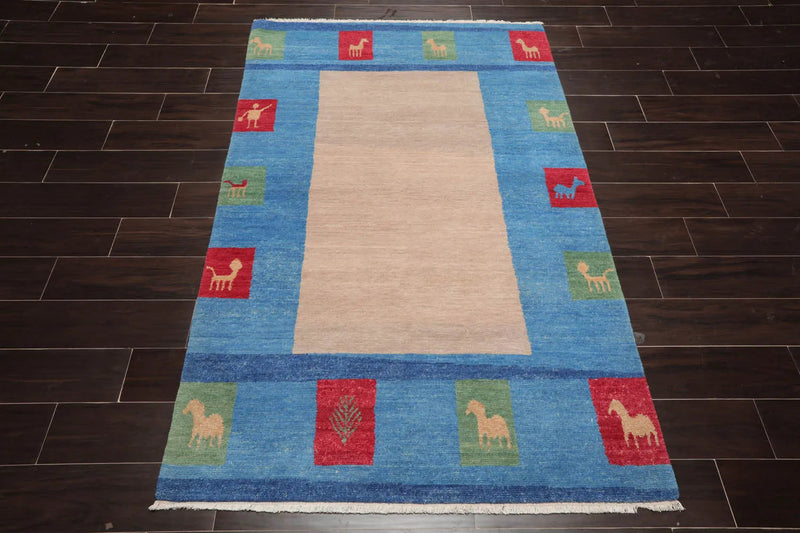 4x6 Beige Hand Knotted Tibetan Contemporary Gabbehh Wool Oriental Area Rug