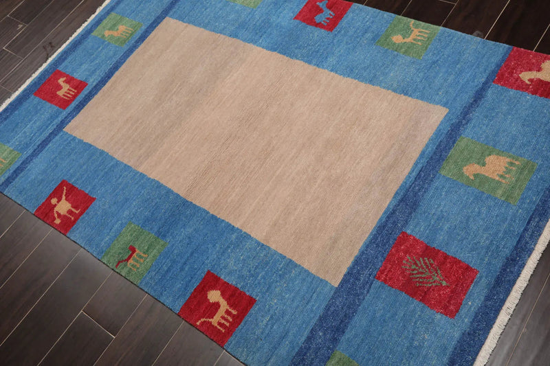 4x6 Beige Hand Knotted Tibetan Contemporary Gabbehh Wool Oriental Area Rug