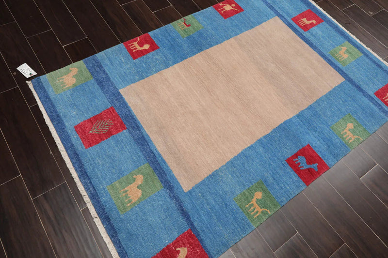 4x6 Beige Hand Knotted Tibetan Contemporary Gabbehh Wool Oriental Area Rug