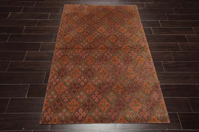 4x6 Brown Hand Knotted Tibetan Transitional  Floral Wool & Silk Oriental Area Rug