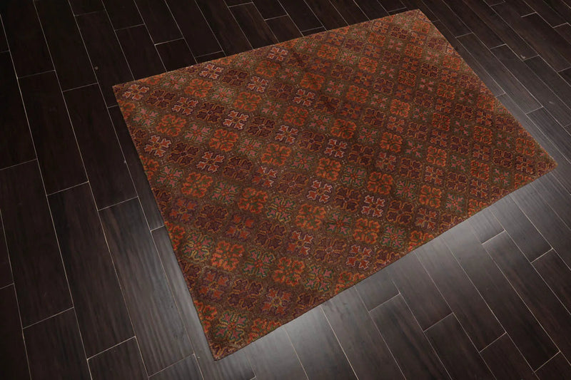 4x6 Brown Hand Knotted Tibetan Transitional  Floral Wool & Silk Oriental Area Rug