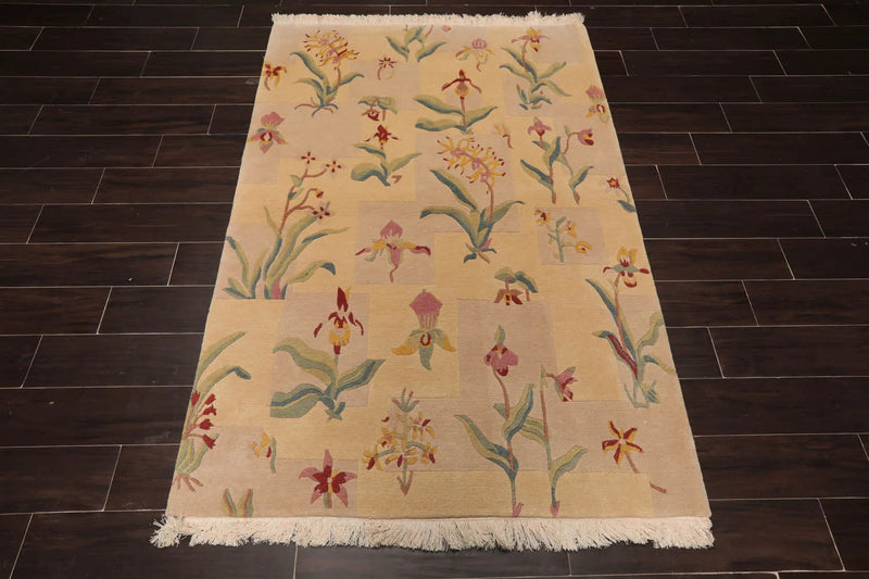 4x6 Beige Hand Knotted Tibetan Transitional  Floral Wool Oriental Area Rug