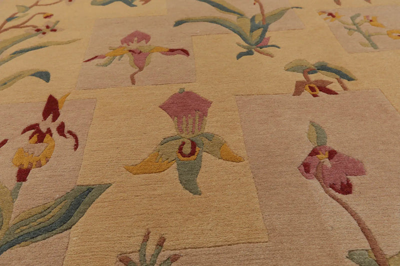 4x6 Beige Hand Knotted Tibetan Transitional  Floral Wool Oriental Area Rug