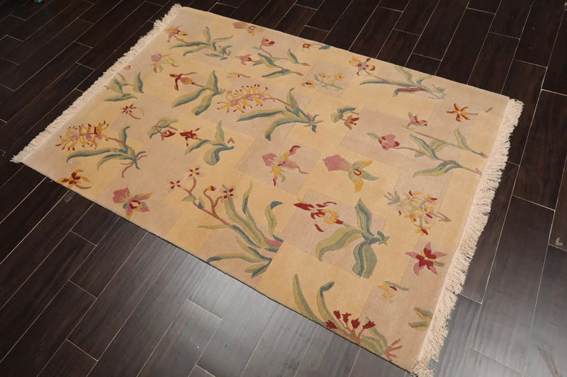 4x6 Beige Hand Knotted Tibetan Transitional  Floral Wool Oriental Area Rug