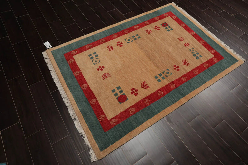 4x6 Beige Hand Knotted Tibetan Contemporary Gabehh Pictorial Wool Oriental Area Rug
