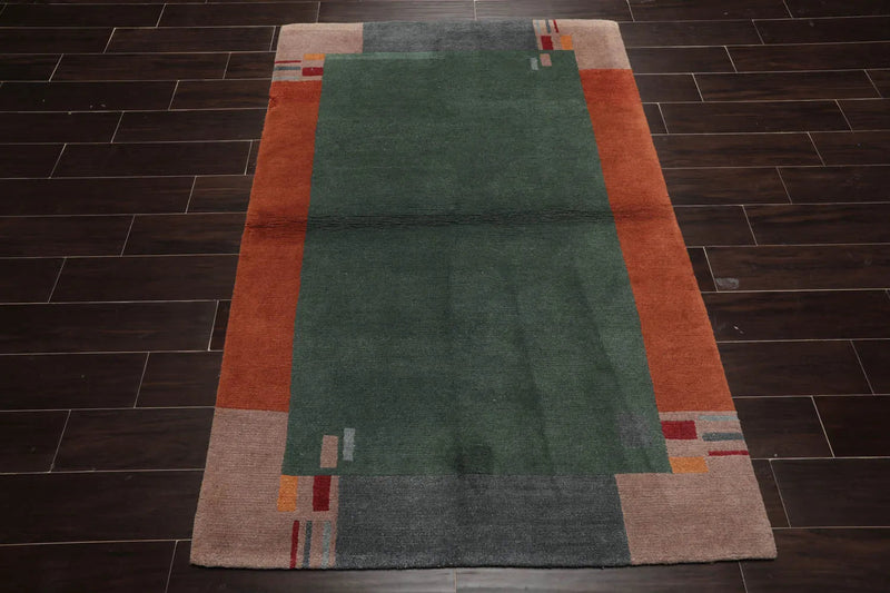 4x6 Green Hand Knotted Tibetan Contemporary Bordered Wool Oriental Area Rug