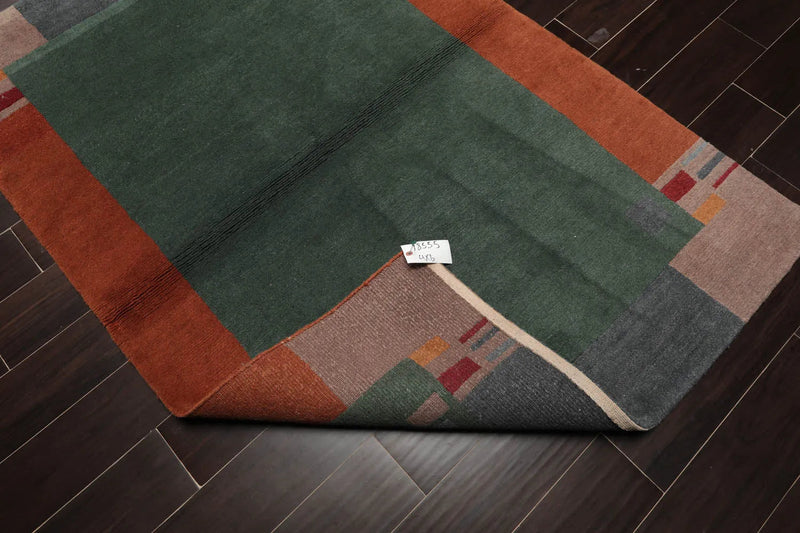 4x6 Green Hand Knotted Tibetan Contemporary Bordered Wool Oriental Area Rug