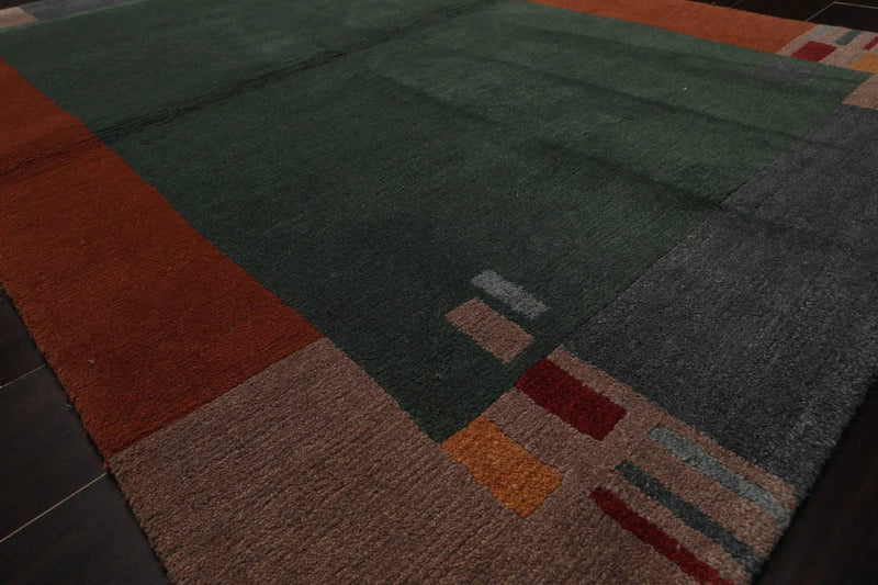 4x6 Green Hand Knotted Tibetan Contemporary Bordered Wool Oriental Area Rug