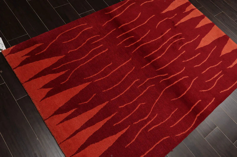 4x6 Red Hand Knotted Tibetan Modern Abstract Wool Oriental Area Rug