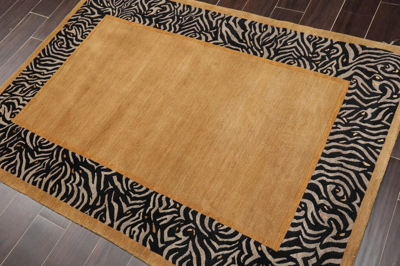 4' x 5'9'' Hand Knotted Tibetan Wool & Silk Animal Print Zebra Area Rug Brown