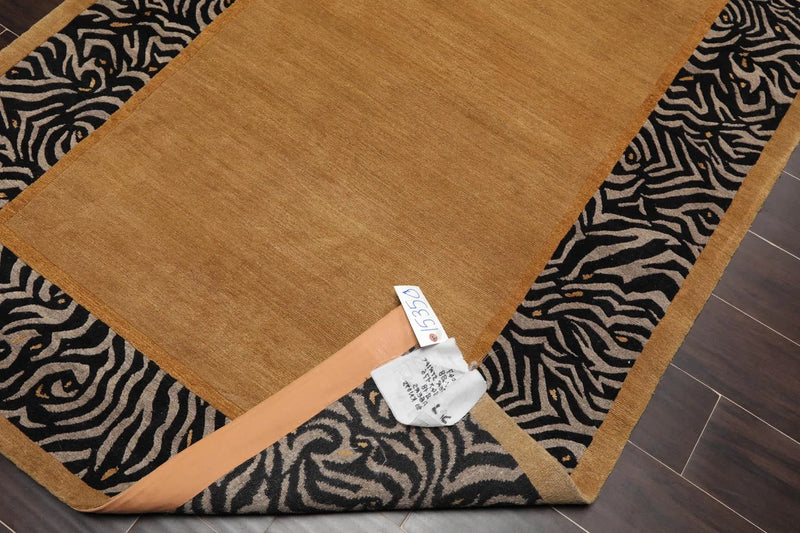 4' x 5'9'' Hand Knotted Tibetan Wool & Silk Animal Print Zebra Area Rug Brown