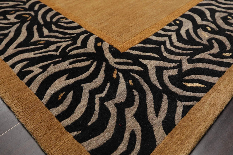 4' x 5'9'' Hand Knotted Tibetan Wool & Silk Animal Print Zebra Area Rug Brown