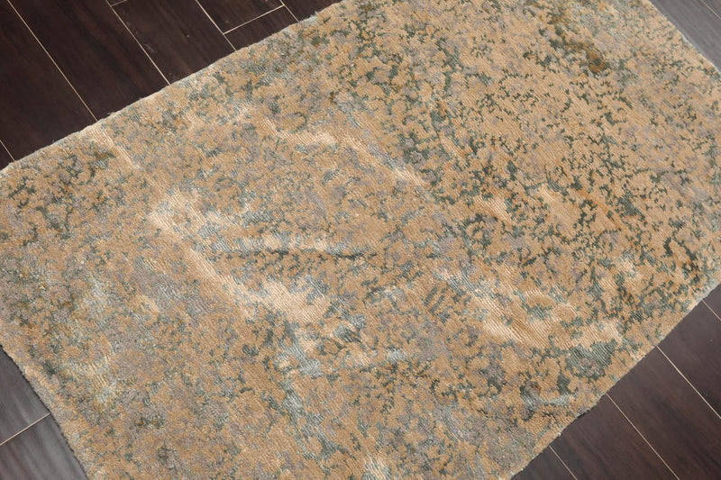 3' x 4'10" Hand Knotted Tibetan Wool & Silk Abstract Oriental Area Rug Beige