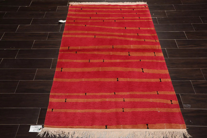 4x6 Coral Hand Knotted Tibetan Contemporary Striped Wool & Silk Oriental Area Rug