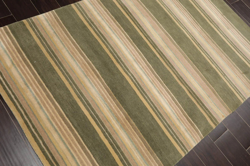 4x6 Beige Hand Knotted Modern Tibetan Striped Wool and Silk Oriental Area Rug