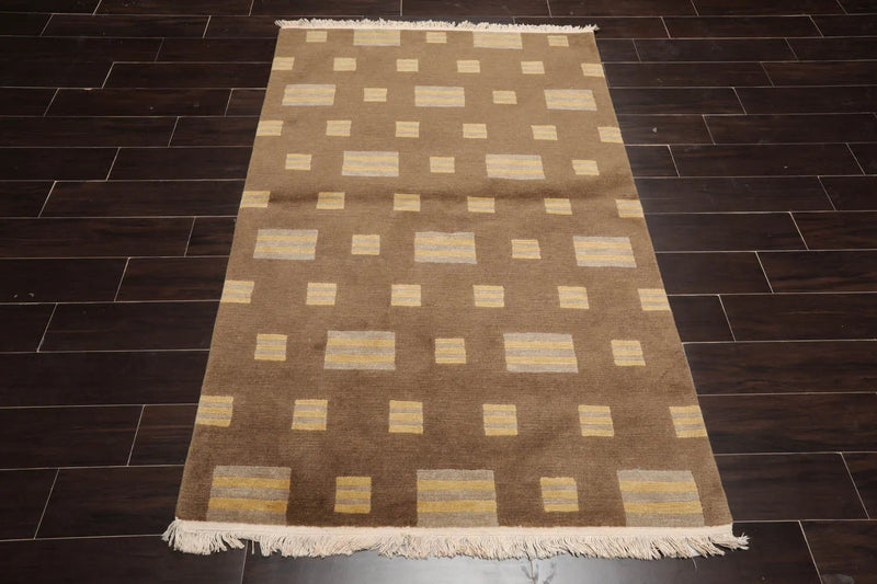 4x6 Olive Hand Knotted Modern Tibetan Geometric Wool Oriental Area Rug