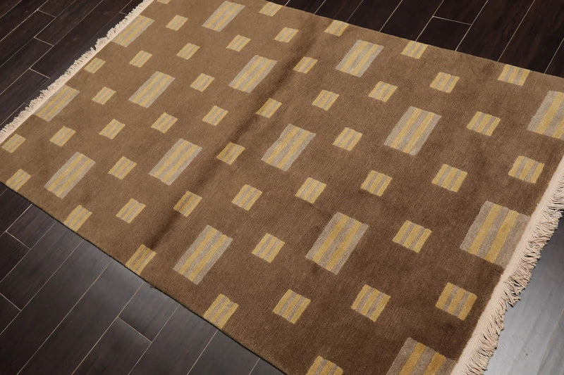 4x6 Olive Hand Knotted Modern Tibetan Geometric Wool Oriental Area Rug