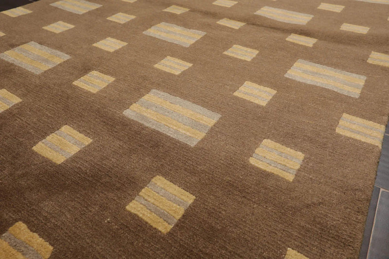 4x6 Olive Hand Knotted Modern Tibetan Geometric Wool Oriental Area Rug