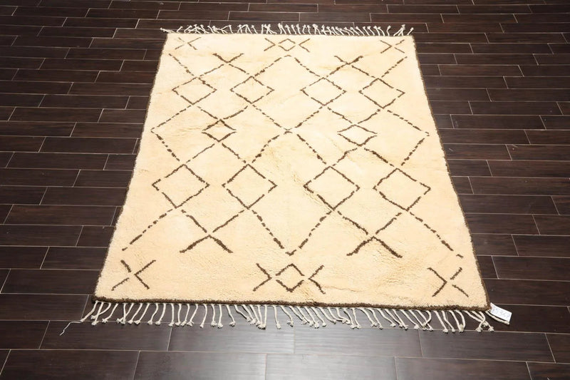 6'6'' x 8'1'' Hand Knotted Shag 100% Wool Moroccan Oriental Area Rug Ivory