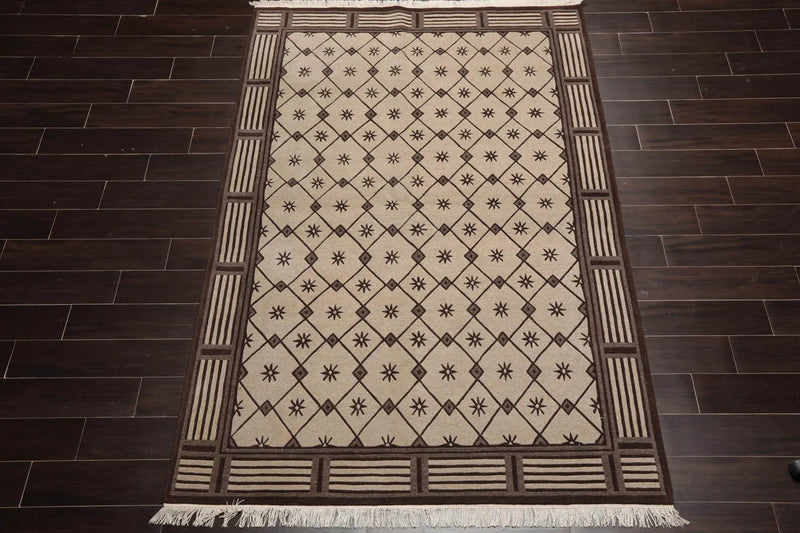 5x8 Beige Hand Knotted Tibetan Art Deco Trellis Wool Oriental Area Rug