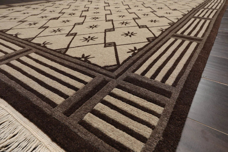 5x8 Beige Hand Knotted Tibetan Art Deco Trellis Wool Oriental Area Rug
