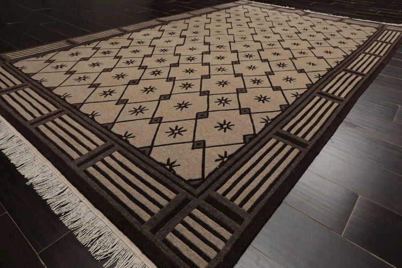 5x8 Beige Hand Knotted Tibetan Art Deco Trellis Wool Oriental Area Rug