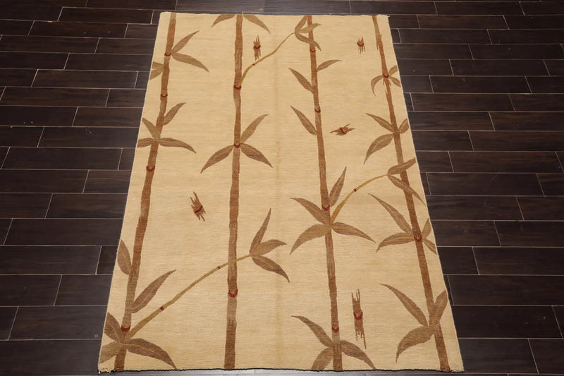 5x8 Beige Hand Knotted Tibetan Transitional Floral Wool Oriental Area Rug