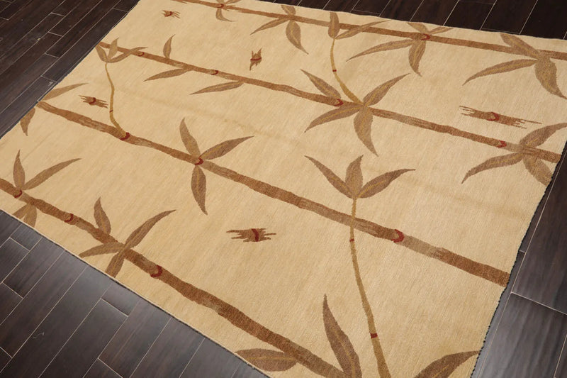 5x8 Beige Hand Knotted Tibetan Transitional Floral Wool Oriental Area Rug