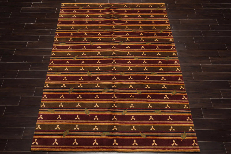 6x9 Green Hand Knotted Tibetan Transitional  Striped Wool Oriental Area Rug