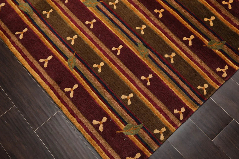 6x9 Green Hand Knotted Tibetan Transitional  Striped Wool Oriental Area Rug