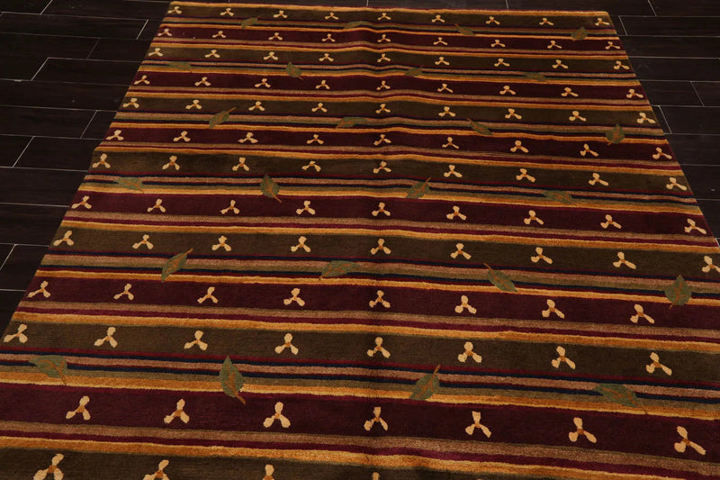 6x9 Green Hand Knotted Tibetan Transitional  Striped Wool Oriental Area Rug