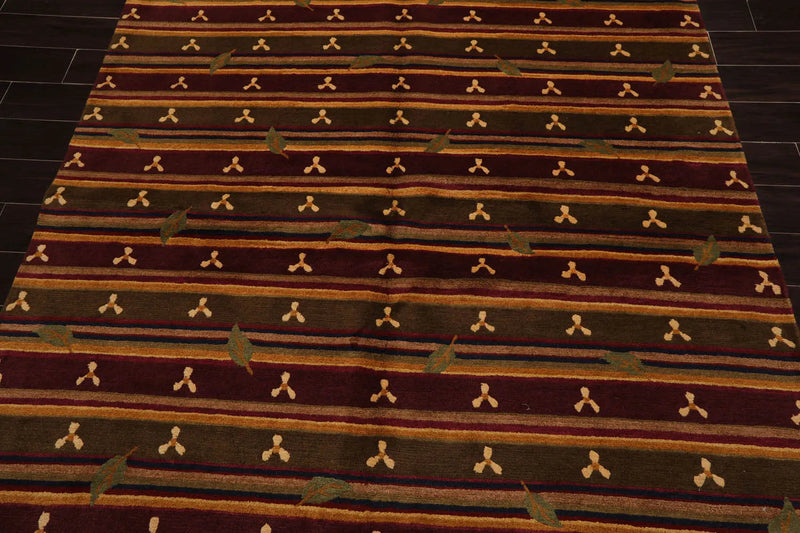 6x9 Green Hand Knotted Tibetan Transitional  Striped Wool Oriental Area Rug