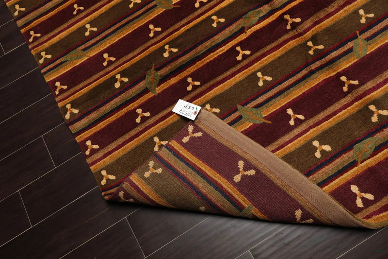 6x9 Green Hand Knotted Tibetan Transitional  Striped Wool Oriental Area Rug