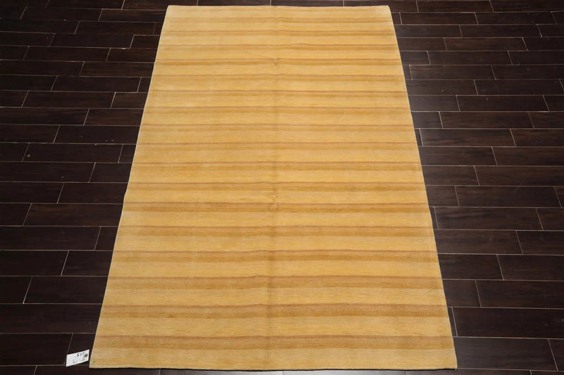 6x9 Gold Hand Knotted Tibetan Modern Striped Wool Oriental Area Rug