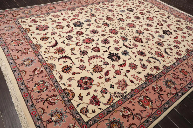 9x12 Ivory, Rose Hand Knotted 100% Wool 300 KPSI Masterpiece Pakistani Oriental Area Rug