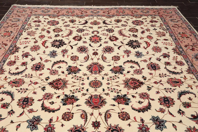 9x12 Ivory, Rose Hand Knotted 100% Wool 300 KPSI Masterpiece Pakistani Oriental Area Rug