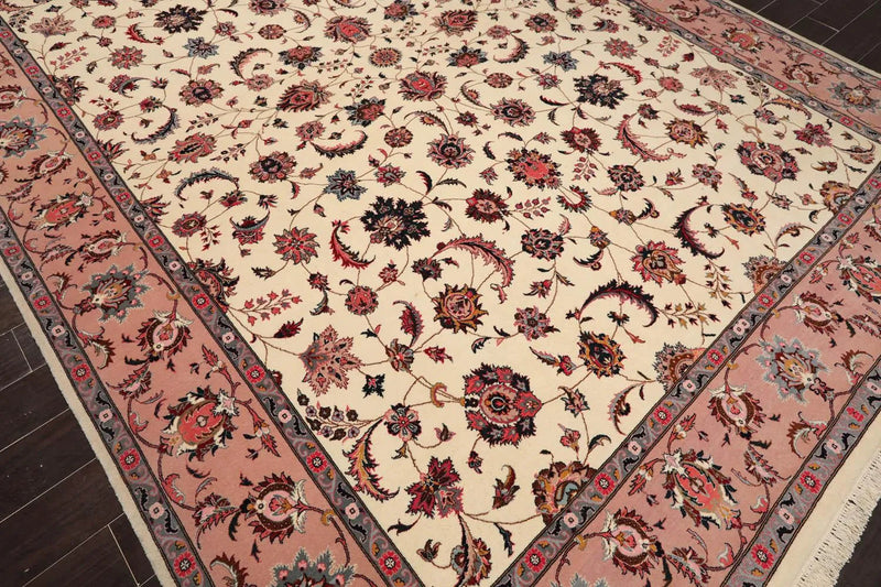 9x12 Ivory, Rose Hand Knotted 100% Wool 300 KPSI Masterpiece Pakistani Oriental Area Rug
