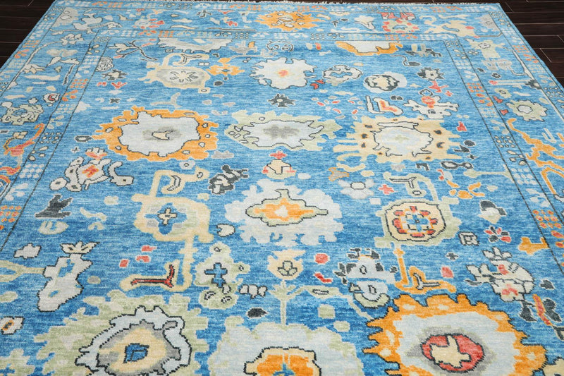 9'3" x 12'4" Hand Knotted Wool Trendy Designer Turkish Oushak Area Rug Blue