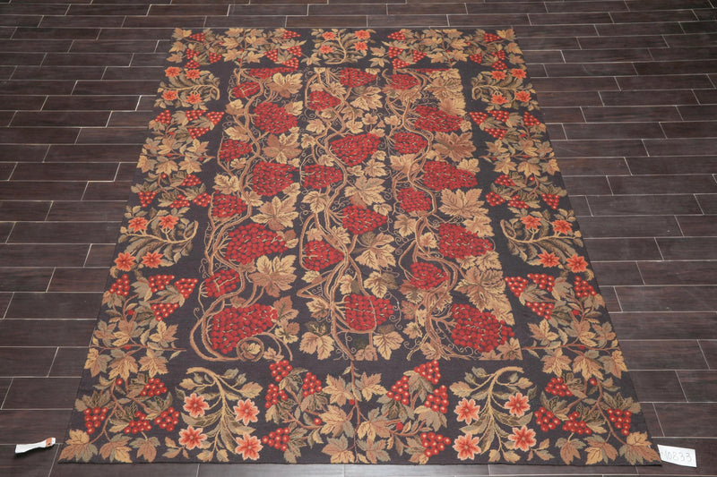 8' 7''x10' French Aubusson Needlepoint Area Rug Hand Woven 100% Wool Traditional Chocolate