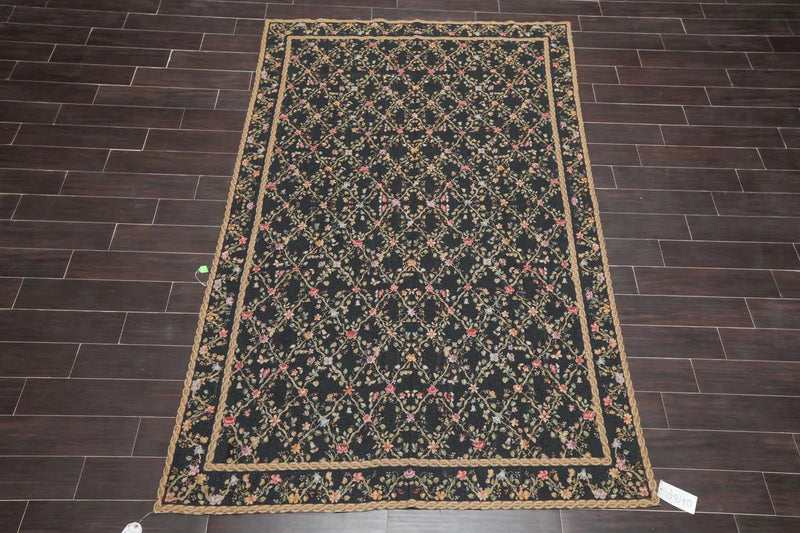 6x9 Black Hand Woven Wool French Aubusson Needlepoint Flat pile Oriental Area Rug