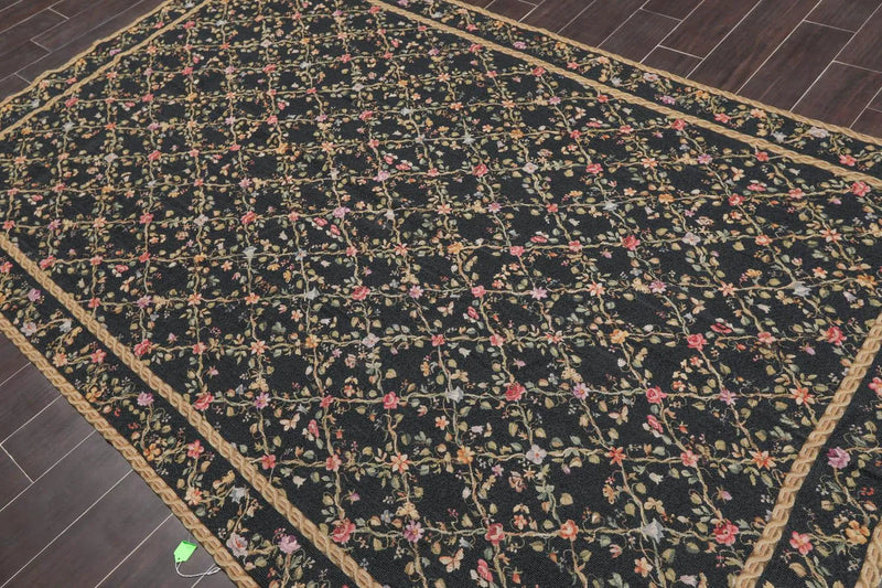6x9 Black Hand Woven Wool French Aubusson Needlepoint Flat pile Oriental Area Rug
