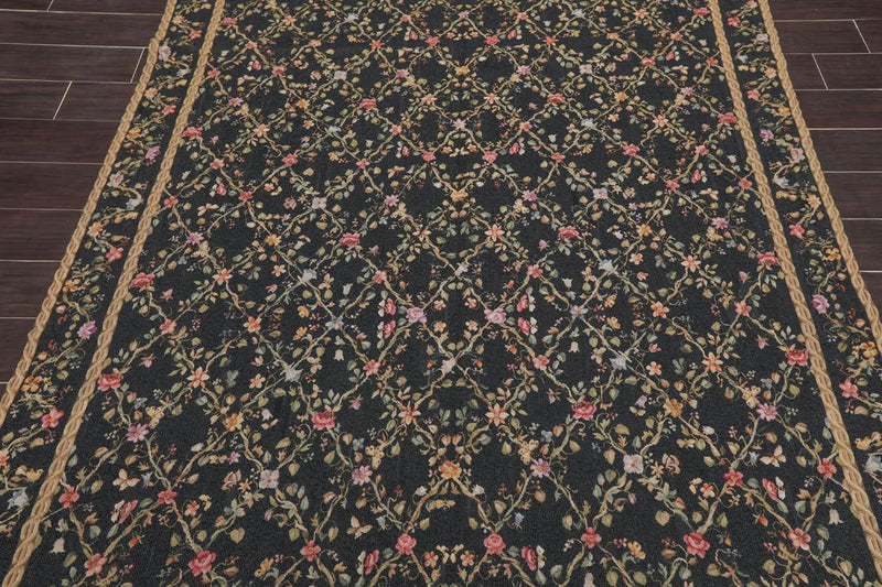 6x9 Black Hand Woven Wool French Aubusson Needlepoint Flat pile Oriental Area Rug