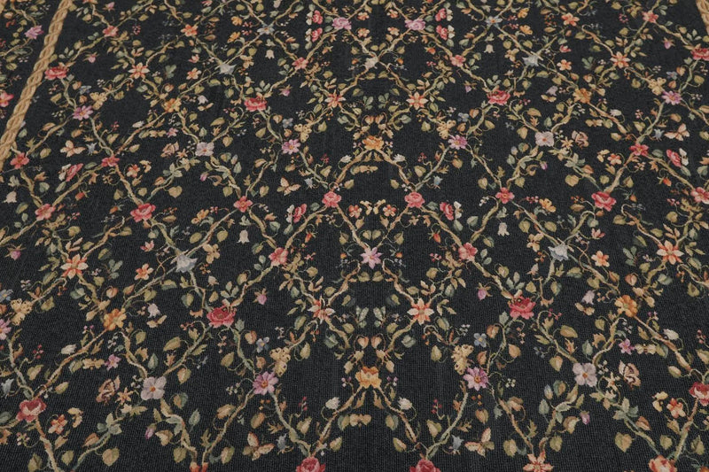 6x9 Black Hand Woven Wool French Aubusson Needlepoint Flat pile Oriental Area Rug