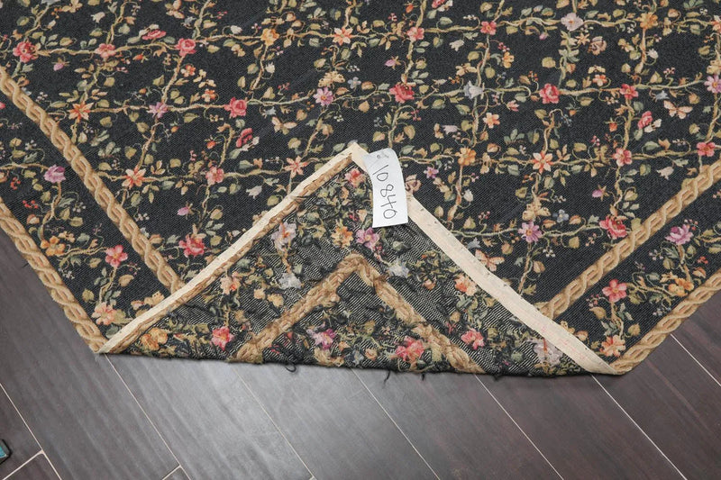 6x9 Black Hand Woven Wool French Aubusson Needlepoint Flat pile Oriental Area Rug