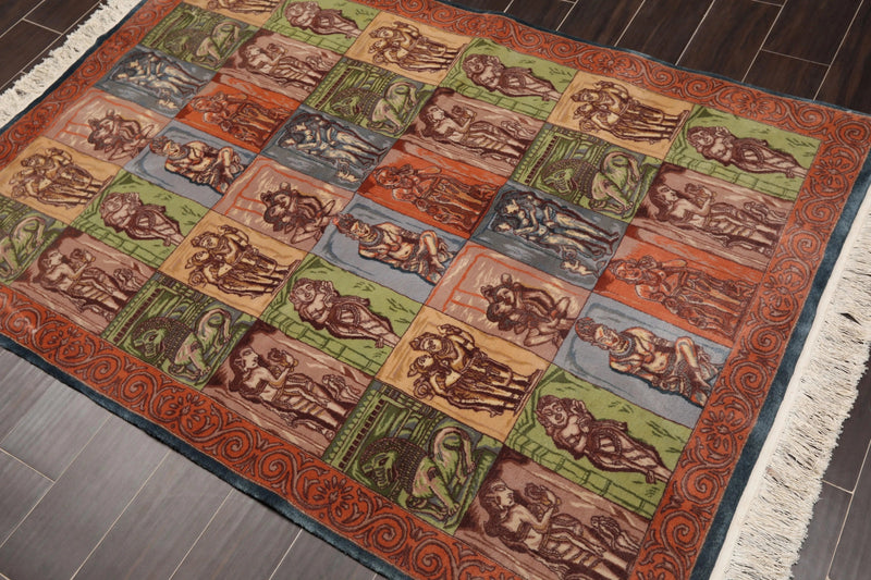 4' x 6' Hand Knotted 300 KPSI Kamasutra Panel Quam Wool Traditional Area Rug Blue